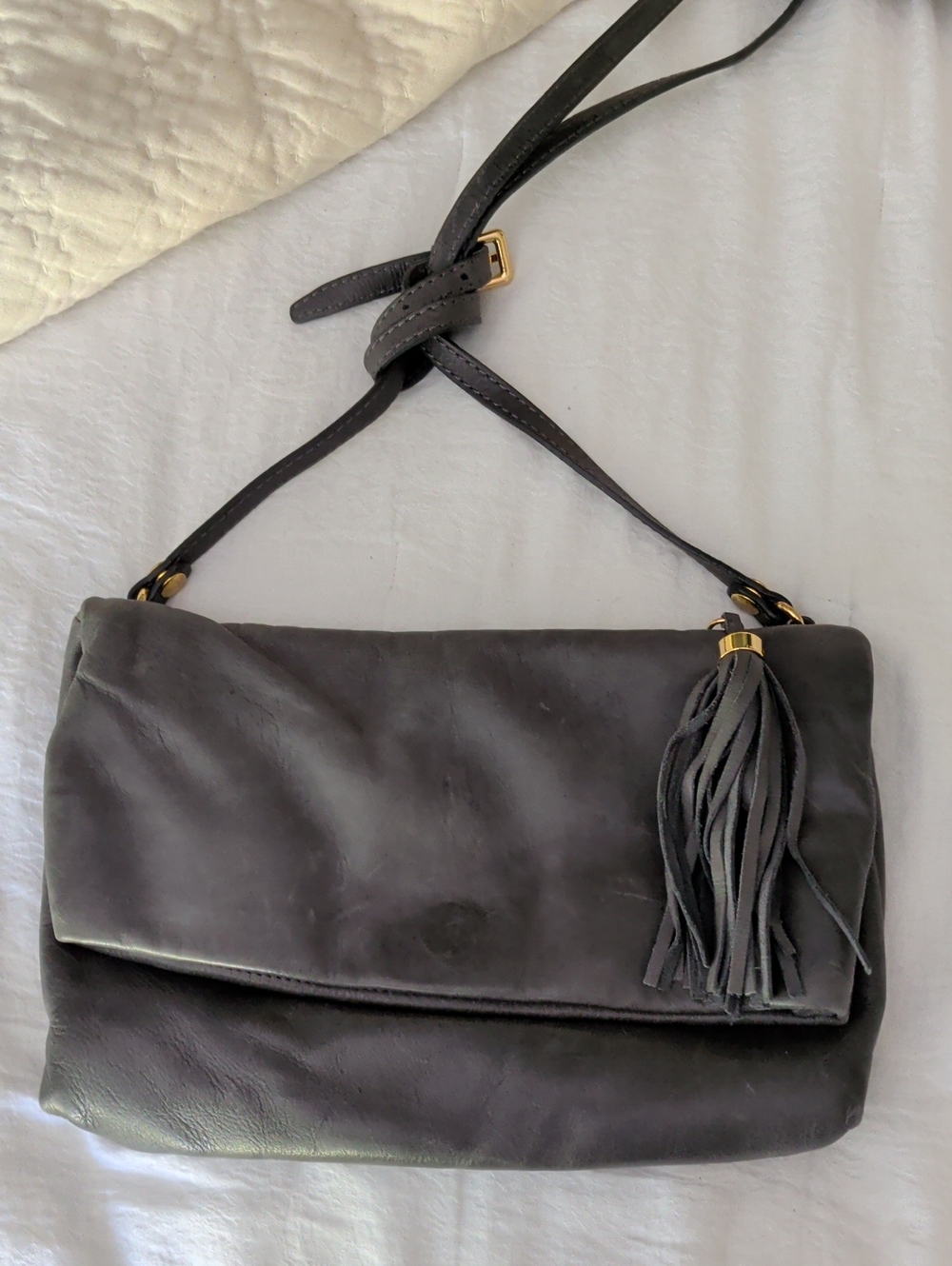 Leather Tassel Crossbody Bag in Dark Gray